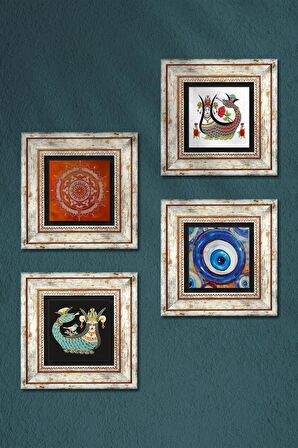 Nazar, Mandala, Şahmeran Taş Duvar Tablosu Çerçeveli Duvar Dekoru 4 Parça Tablo Seti Wall Art