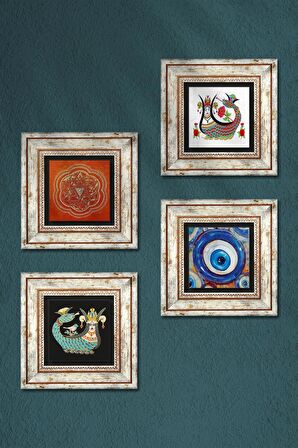 Nazar, Sri Yantra, Şahmeran Taş Duvar Tablosu Çerçeveli Duvar Dekoru 4 Parça Tablo Seti Wall Art