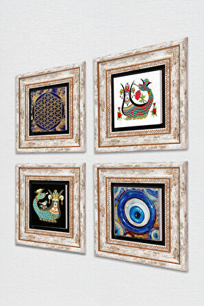 Nazar, Yaşam Çiçeği, Şahmeran Taş Duvar Tablosu Çerçeveli Duvar Dekoru 4 Parça Tablo Seti Wall Art