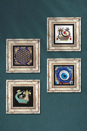 Nazar, Yaşam Çiçeği, Şahmeran Taş Duvar Tablosu Çerçeveli Duvar Dekoru 4 Parça Tablo Seti Wall Art