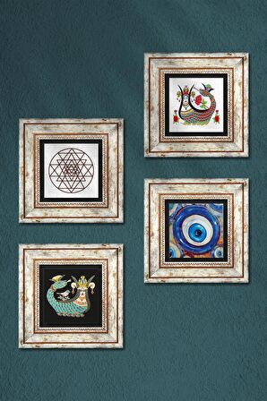 Nazar, Sri Yantra, Şahmeran Taş Duvar Tablosu Çerçeveli Duvar Dekoru 4 Parça Tablo Seti Wall Art