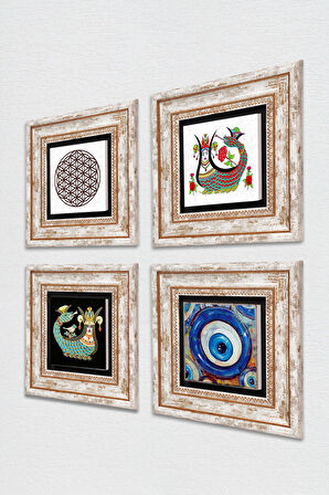 Nazar, Yaşam Çiçeği, Şahmeran Taş Duvar Tablosu Çerçeveli Duvar Dekoru 4 Parça Tablo Seti Wall Art