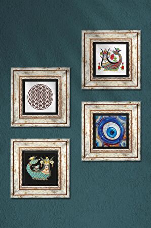 Nazar, Yaşam Çiçeği, Şahmeran Taş Duvar Tablosu Çerçeveli Duvar Dekoru 4 Parça Tablo Seti Wall Art