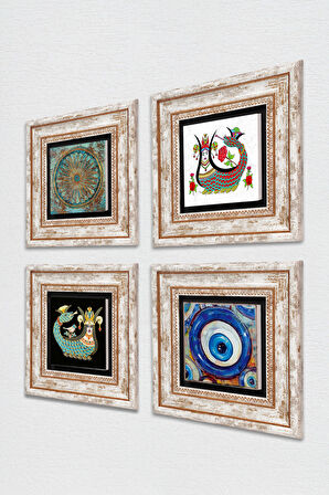 Nazar, Yaşam Çiçeği, Şahmeran Taş Duvar Tablosu Çerçeveli Duvar Dekoru 4 Parça Tablo Seti Wall Art