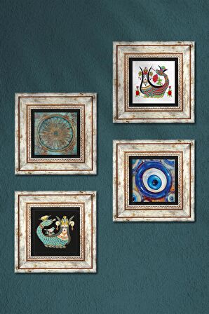 Nazar, Yaşam Çiçeği, Şahmeran Taş Duvar Tablosu Çerçeveli Duvar Dekoru 4 Parça Tablo Seti Wall Art