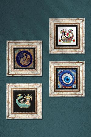 Nazar, Tavus Kuşu, Şahmeran Taş Duvar Tablosu Çerçeveli Duvar Dekoru 4 Parça Tablo Seti Wall Art