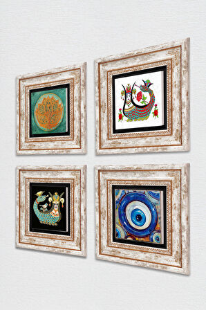 Nazar, Lotus Çiçeği, Şahmeran Taş Duvar Tablosu Çerçeveli Duvar Dekoru 4 Parça Tablo Seti Wall Art