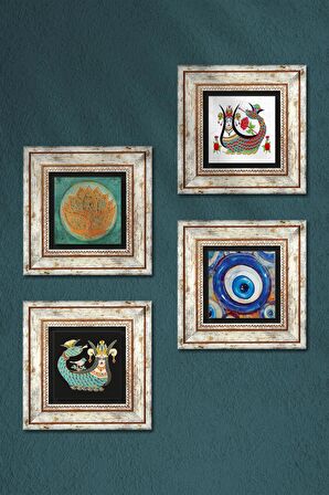 Nazar, Lotus Çiçeği, Şahmeran Taş Duvar Tablosu Çerçeveli Duvar Dekoru 4 Parça Tablo Seti Wall Art