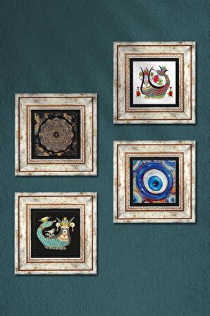 Nazar, Sri Yantra, Şahmeran Taş Duvar Tablosu Çerçeveli Duvar Dekoru 4 Parça Tablo Seti Wall Art