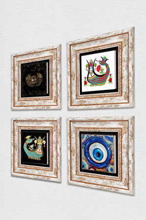 Nazar, Horus'un Gözü, Şahmeran Taş Duvar Tablosu Çerçeveli Duvar Dekoru 4 Parça Tablo Seti Wall Art