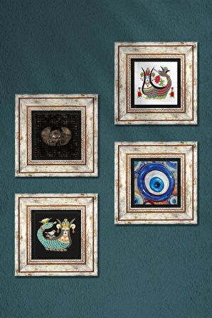 Nazar, Horus'un Gözü, Şahmeran Taş Duvar Tablosu Çerçeveli Duvar Dekoru 4 Parça Tablo Seti Wall Art