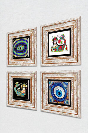 Nazar, Şahmeran Taş Duvar Tablosu Çerçeveli Duvar Dekoru 4 Parça Tablo Seti Wall Art