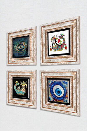 Nazar, Şahmeran Taş Duvar Tablosu Çerçeveli Duvar Dekoru 4 Parça Tablo Seti Wall Art