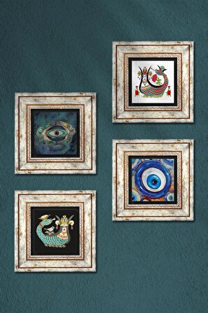 Nazar, Şahmeran Taş Duvar Tablosu Çerçeveli Duvar Dekoru 4 Parça Tablo Seti Wall Art