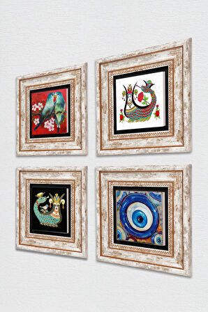 Nazar, Kuş, Şahmeran Taş Duvar Tablosu Çerçeveli Duvar Dekoru 4 Parça Tablo Seti Wall Art