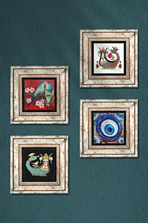 Nazar, Kuş, Şahmeran Taş Duvar Tablosu Çerçeveli Duvar Dekoru 4 Parça Tablo Seti Wall Art