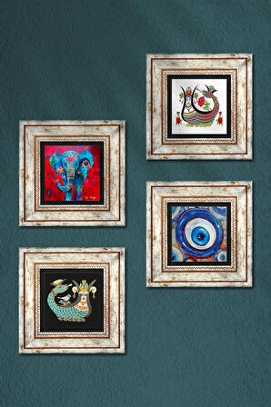 Nazar, Fil, Şahmeran Taş Duvar Tablosu Çerçeveli Duvar Dekoru 4 Parça Tablo Seti Wall Art