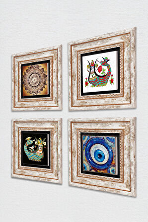 Nazar, Mandala, Şahmeran Taş Duvar Tablosu Çerçeveli Duvar Dekoru 4 Parça Tablo Seti Wall Art