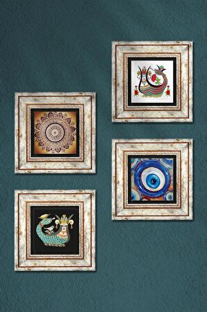 Nazar, Mandala, Şahmeran Taş Duvar Tablosu Çerçeveli Duvar Dekoru 4 Parça Tablo Seti Wall Art
