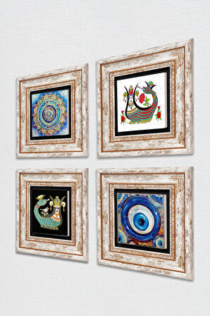Nazar, Mandala, Şahmeran Taş Duvar Tablosu Çerçeveli Duvar Dekoru 4 Parça Tablo Seti Wall Art