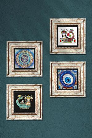 Nazar, Mandala, Şahmeran Taş Duvar Tablosu Çerçeveli Duvar Dekoru 4 Parça Tablo Seti Wall Art
