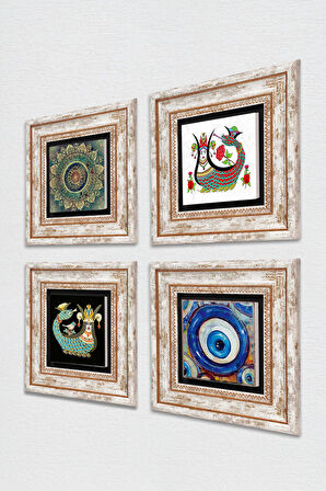 Nazar, Mandala, Şahmeran Taş Duvar Tablosu Çerçeveli Duvar Dekoru 4 Parça Tablo Seti Wall Art