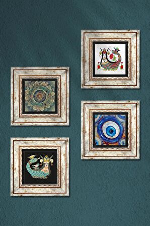 Nazar, Mandala, Şahmeran Taş Duvar Tablosu Çerçeveli Duvar Dekoru 4 Parça Tablo Seti Wall Art