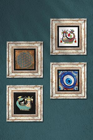 Nazar, Yaşam Çiçeği, Şahmeran Taş Duvar Tablosu Çerçeveli Duvar Dekoru 4 Parça Tablo Seti Wall Art