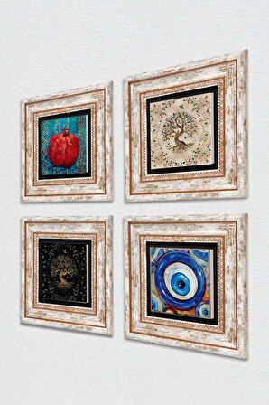 Nazar, Hayat Ağacı, Nar Taş Duvar Tablosu Çerçeveli Duvar Dekoru 4 Parça Tablo Seti Wall Art