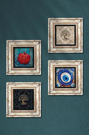 Nazar, Hayat Ağacı, Nar Taş Duvar Tablosu Çerçeveli Duvar Dekoru 4 Parça Tablo Seti Wall Art