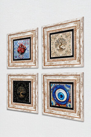 Nazar, Hayat Ağacı, Nar Taş Duvar Tablosu Çerçeveli Duvar Dekoru 4 Parça Tablo Seti Wall Art