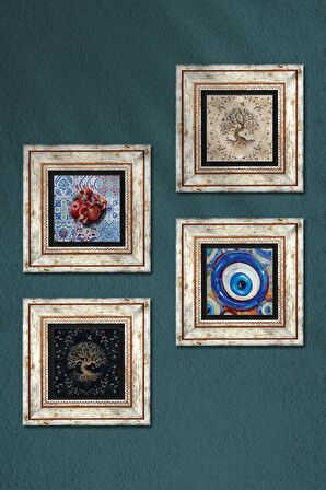 Nazar, Hayat Ağacı, Nar Taş Duvar Tablosu Çerçeveli Duvar Dekoru 4 Parça Tablo Seti Wall Art