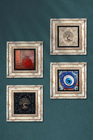 Nazar, Nar, Hayat Ağacı Taş Duvar Tablosu Çerçeveli Duvar Dekoru 4 Parça Tablo Seti Wall Art