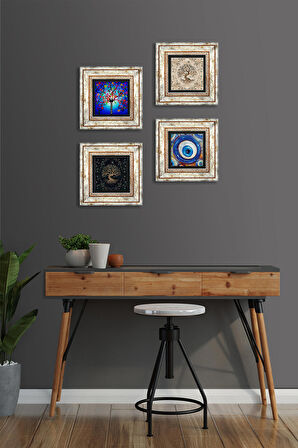 Nazar, Hayat Ağacı Taş Duvar Tablosu Çerçeveli Duvar Dekoru 4 Parça Tablo Seti Wall Art