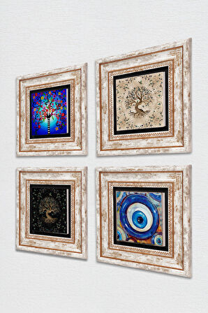 Nazar, Hayat Ağacı Taş Duvar Tablosu Çerçeveli Duvar Dekoru 4 Parça Tablo Seti Wall Art