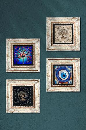 Nazar, Hayat Ağacı Taş Duvar Tablosu Çerçeveli Duvar Dekoru 4 Parça Tablo Seti Wall Art