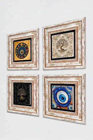 Nazar, Hayat Ağacı Taş Duvar Tablosu Çerçeveli Duvar Dekoru 4 Parça Tablo Seti Wall Art