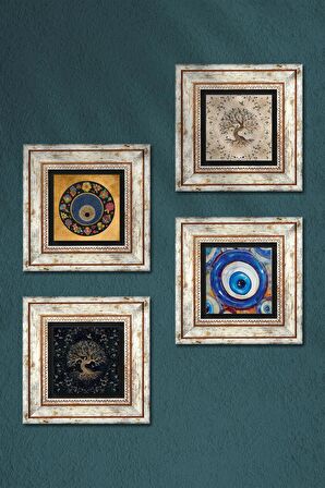 Nazar, Hayat Ağacı Taş Duvar Tablosu Çerçeveli Duvar Dekoru 4 Parça Tablo Seti Wall Art