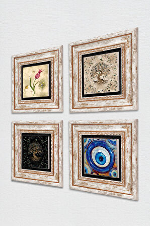 Nazar, Lale, Hayat Ağacı Taş Duvar Tablosu Çerçeveli Duvar Dekoru 4 Parça Tablo Seti Wall Art
