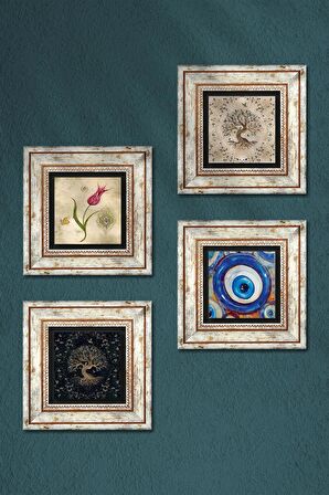 Nazar, Lale, Hayat Ağacı Taş Duvar Tablosu Çerçeveli Duvar Dekoru 4 Parça Tablo Seti Wall Art