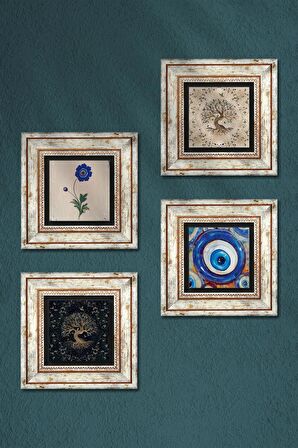 Nazar, Ebru Sanatı, Hayat Ağacı Taş Duvar Tablosu Çerçeveli Duvar Dekoru 4 Parça Tablo Seti Wall Art
