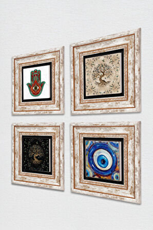 Nazar, Fatma Ana Eli (Hamsa), Hayat Ağacı Taş Duvar Tablosu Çerçeveli Duvar Dekoru 4 Parça Tablo Seti Wall Art
