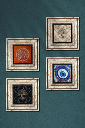 Nazar, Mandala, Hayat Ağacı Taş Duvar Tablosu Çerçeveli Duvar Dekoru 4 Parça Tablo Seti Wall Art
