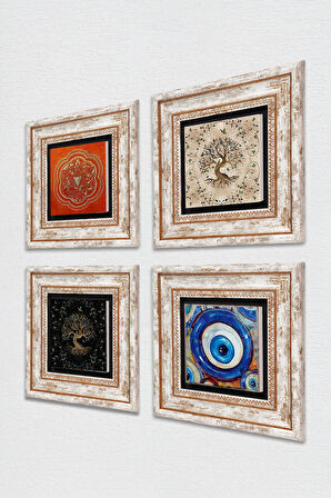 Nazar, Sri Yantra, Hayat Ağacı Taş Duvar Tablosu Çerçeveli Duvar Dekoru 4 Parça Tablo Seti Wall Art