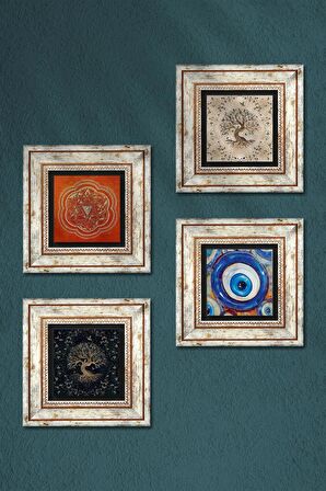 Nazar, Sri Yantra, Hayat Ağacı Taş Duvar Tablosu Çerçeveli Duvar Dekoru 4 Parça Tablo Seti Wall Art