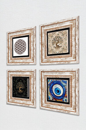 Nazar, Yaşam Çiçeği, Hayat Ağacı Taş Duvar Tablosu Çerçeveli Duvar Dekoru 4 Parça Tablo Seti Wall Art