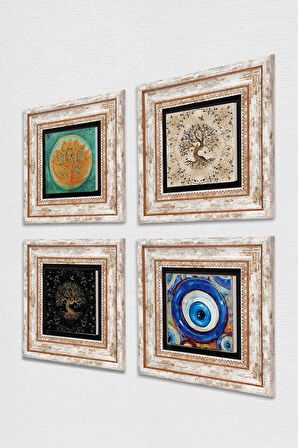 Nazar, Lotus Çiçeği, Hayat Ağacı Taş Duvar Tablosu Çerçeveli Duvar Dekoru 4 Parça Tablo Seti Wall Art