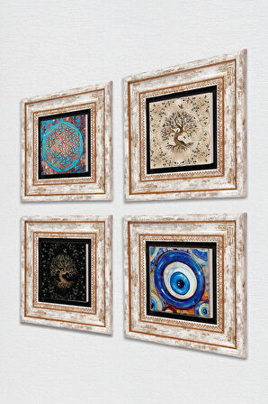 Nazar, Yaşam Çiçeği, Hayat Ağacı Taş Duvar Tablosu Çerçeveli Duvar Dekoru 4 Parça Tablo Seti Wall Art