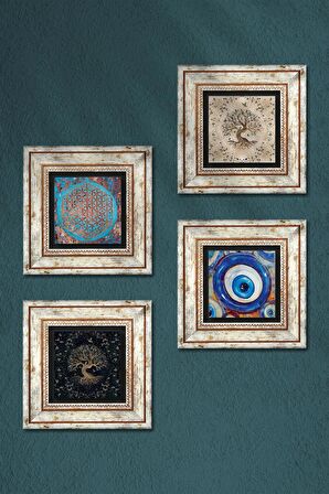 Nazar, Yaşam Çiçeği, Hayat Ağacı Taş Duvar Tablosu Çerçeveli Duvar Dekoru 4 Parça Tablo Seti Wall Art