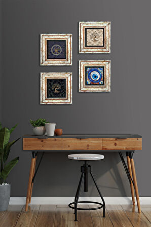 Nazar, Hayat Ağacı Taş Duvar Tablosu Çerçeveli Duvar Dekoru 4 Parça Tablo Seti Wall Art